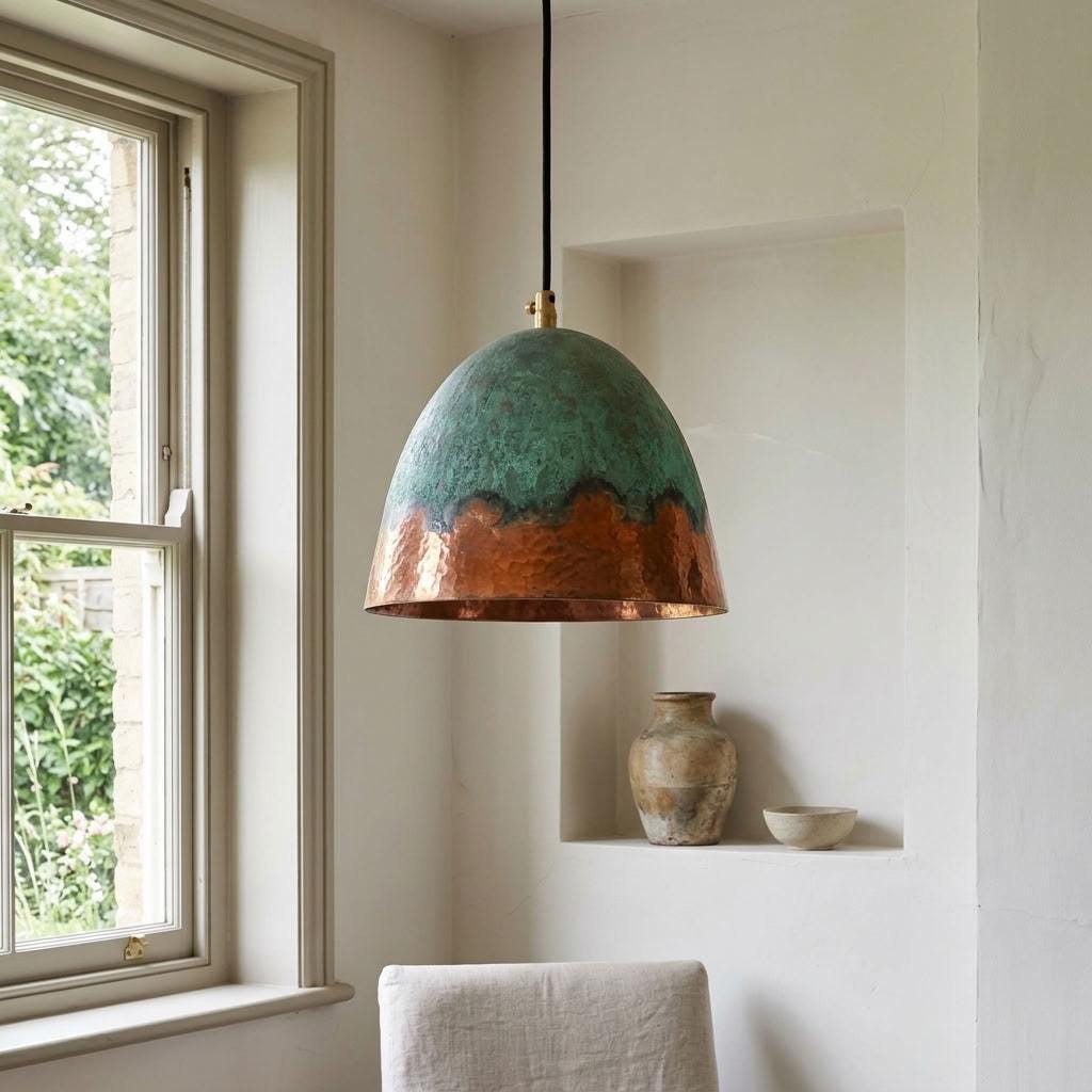 Verdigris Copper Bell Pendant Light, Green Patina with Copper Rim, Patina Pendant Light, Copper Bell Lamp for Kitchen Island
