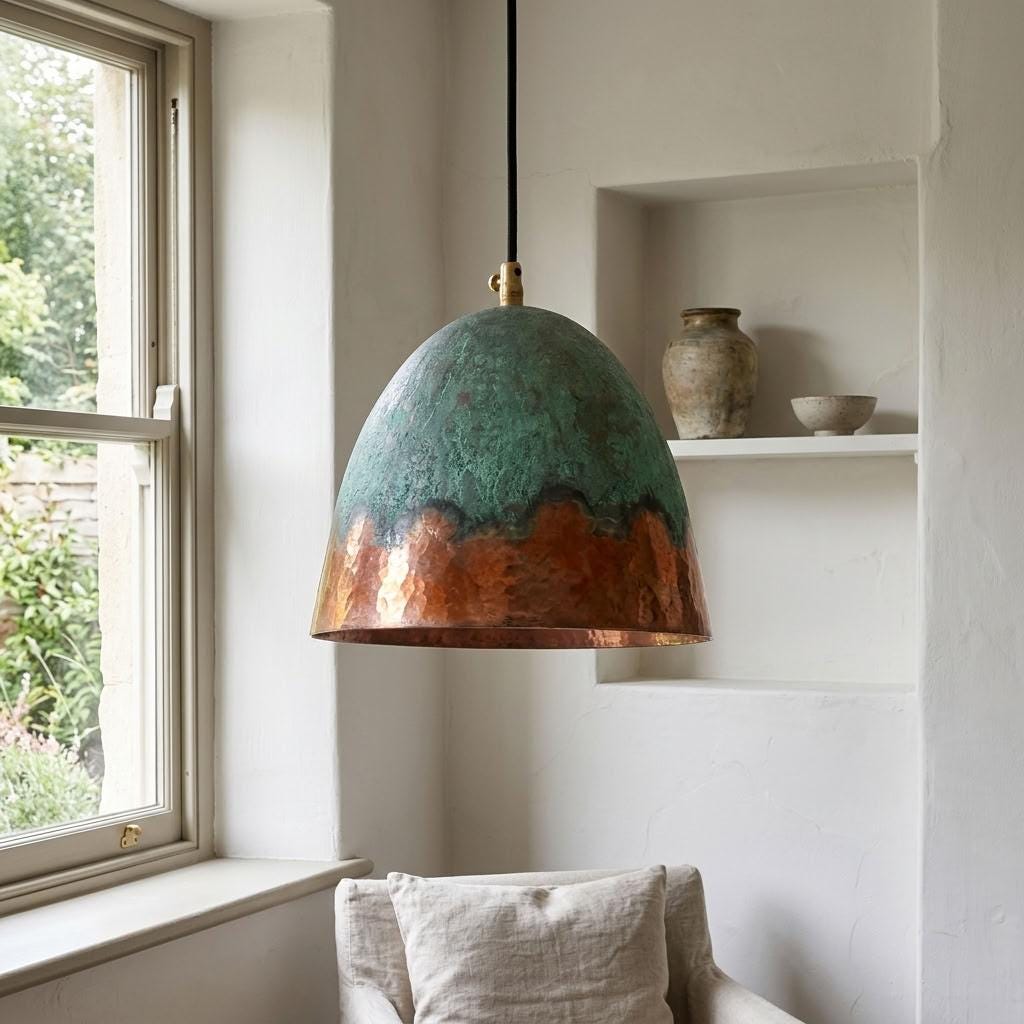 Verdigris Copper Bell Pendant Light, Green Patina with Copper Rim, Patina Pendant Light, Copper Bell Lamp for Kitchen Island