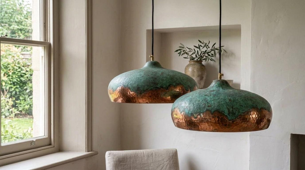 Two Green Patina Copper Pendant Lamp, Set of 2 Oxidized Copper Kitchen Island Lighting