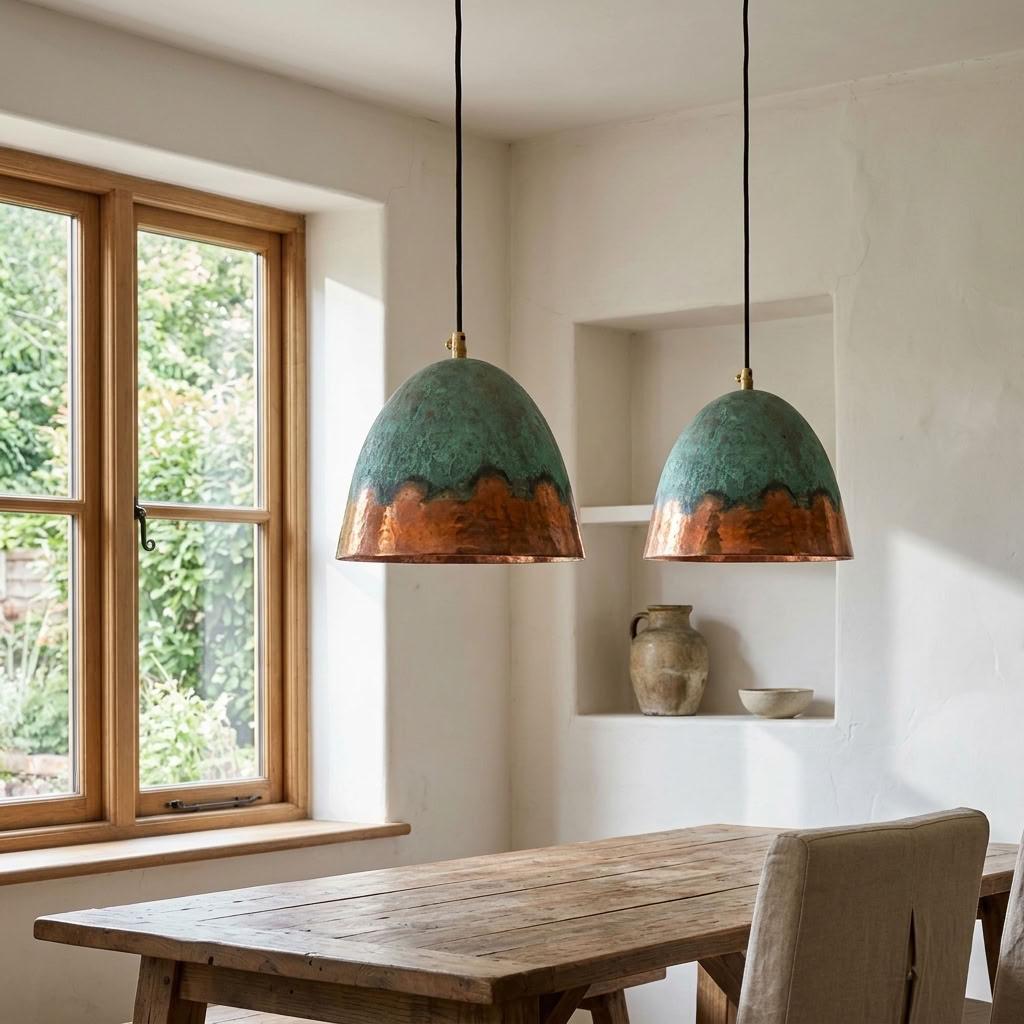Handmade Set of 2 Oxidized Pendant Light, Handcrafted Copper Green Patina with Hanging Lights