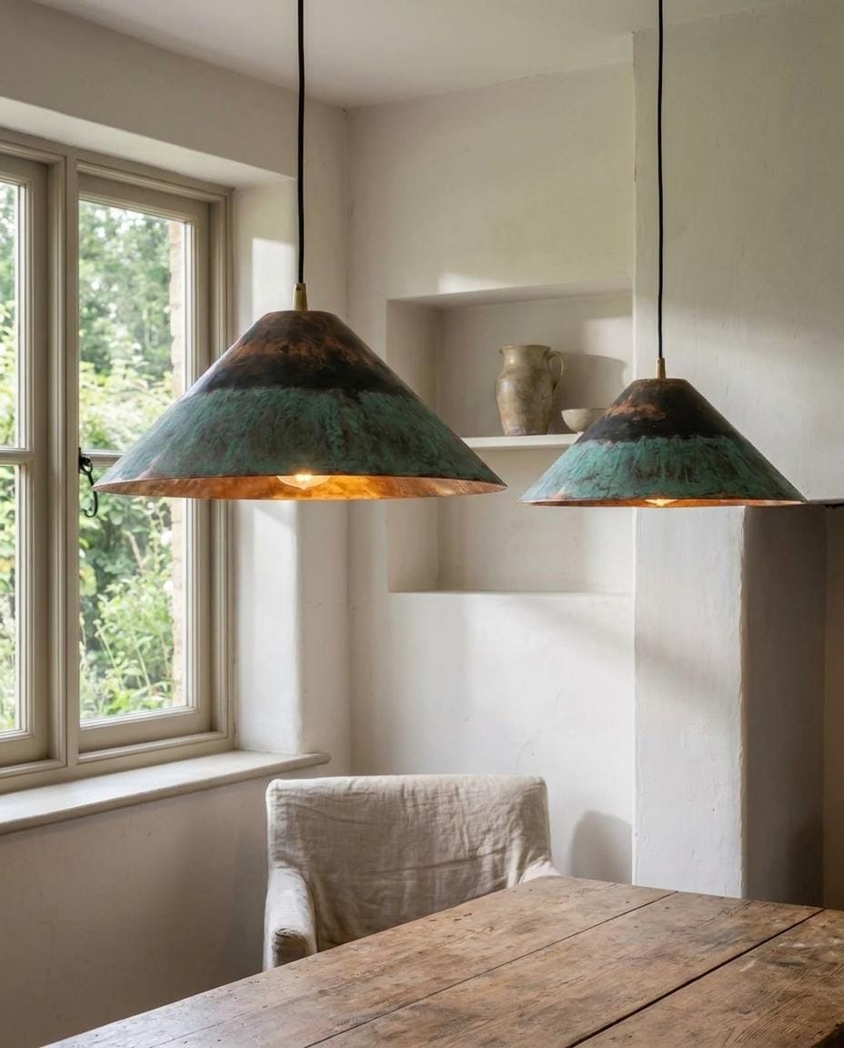 Set of 2 Green Patina Copper Pendant Light, Pair of Cone Shade for Kitchen Island, Handmade Hanging Lamp, Verdigris Finish Lighting