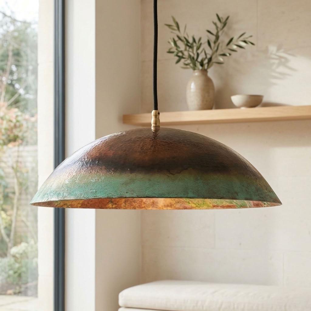 Verdigris Copper Dome Pendant Light, Shallow Shade with Green Rim,  Green Patina Copper Hanging Lamp