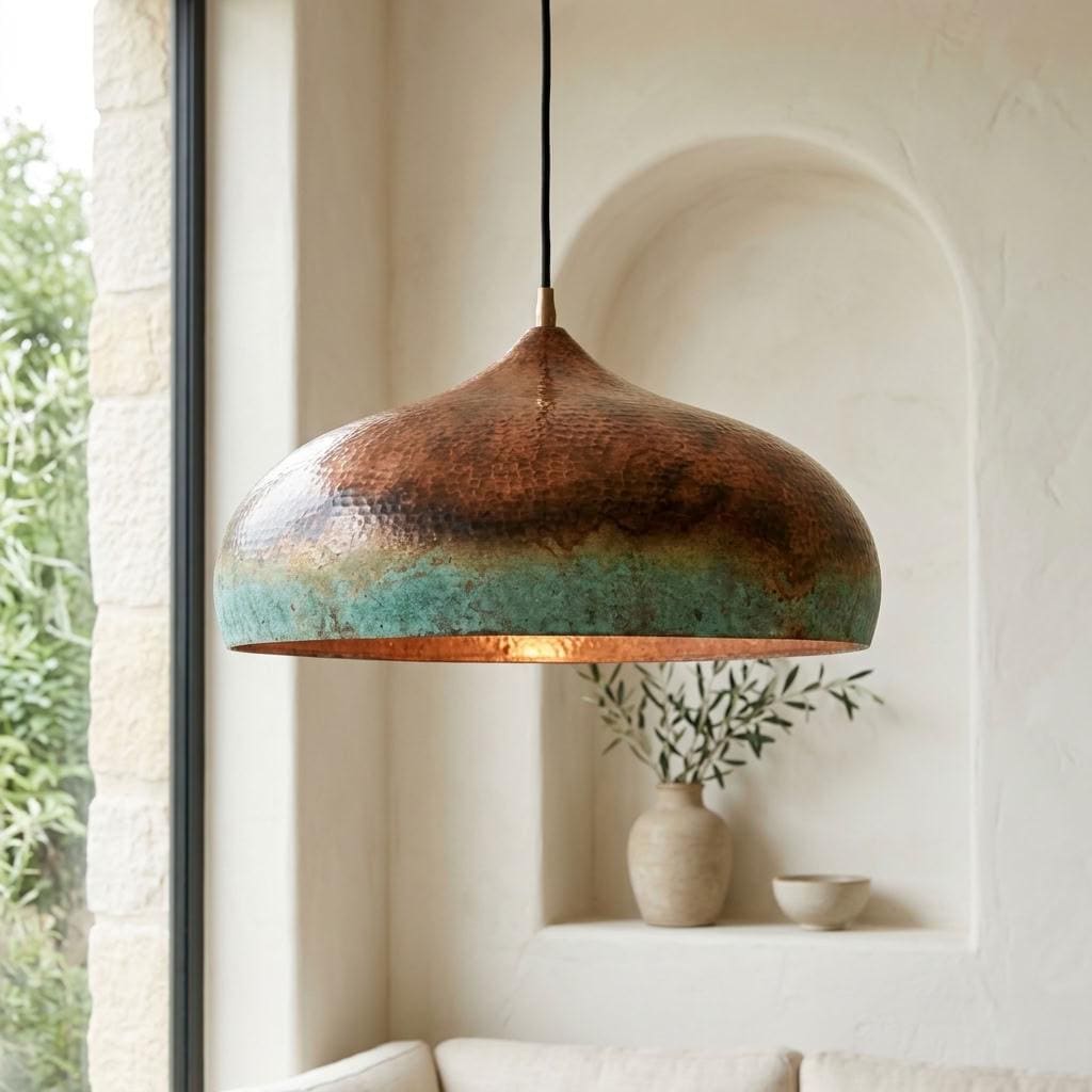 Green Patina Onion Pendant Lamp, Verdigris Rim Copper Hanging Lamp, Rustic Kitchen Island Lighting
