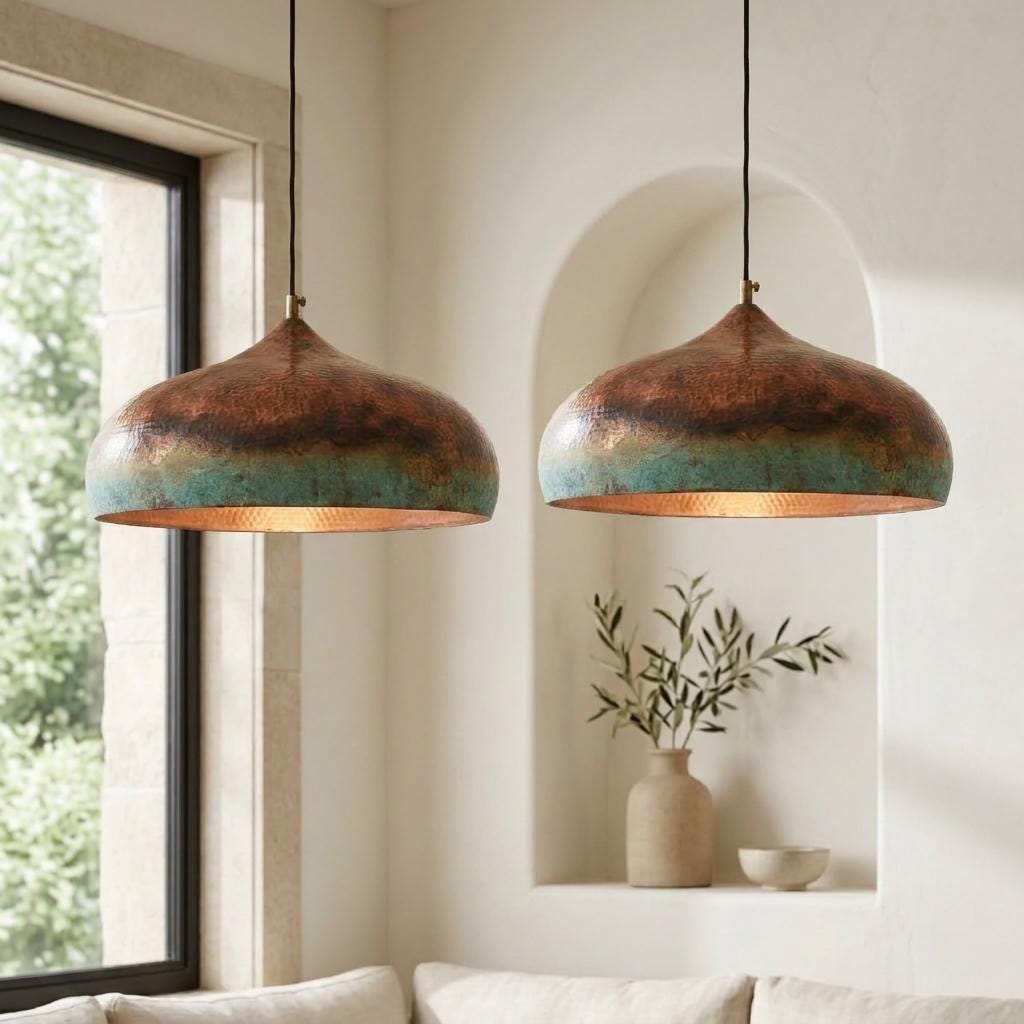 Green Patina Onion Pendant Lamp, Verdigris Rim Copper Hanging Lamp, Rustic Kitchen Island Lighting