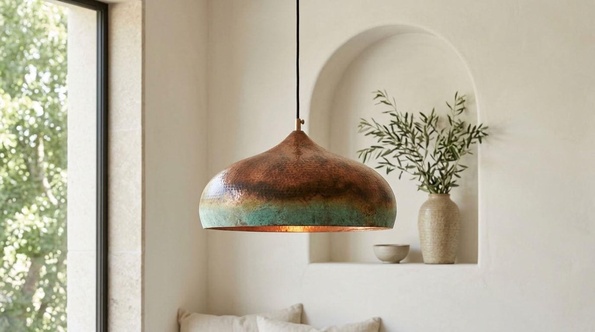 Set of 2 Green Patina Copper Pendant Lamps, Rustic Kitchen Island Lighting