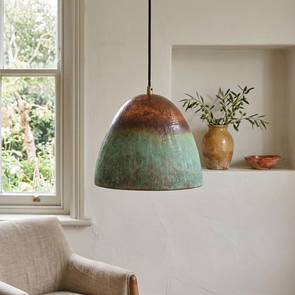 Green Patina Copper Pendant Light for Kitchen Island, Verdigris Small Hanging Lamp, Copper Top and Textured Green Shade