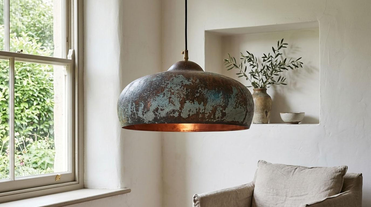 Patina Copper Dome Pendant Light, Mottled Finish for Kitchen Island, Rustic Copper Hanging Lamp, Weathered Dome Shade for Dining Room