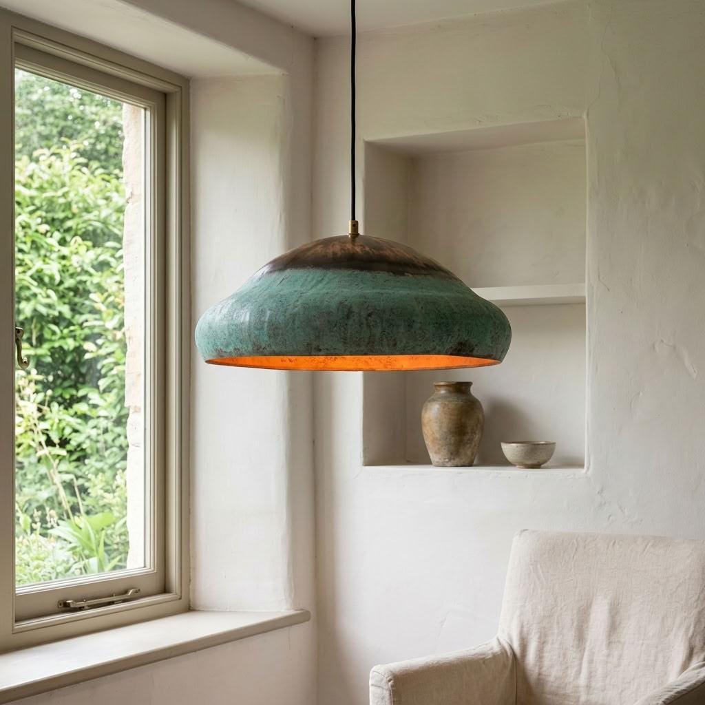 Turquoise Patina Copper Pendant Light, Dome Shade for Kitchen Island, Green Patina Dome Dining Room Lighting