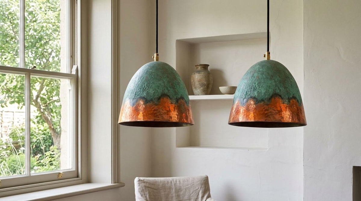 Handmade Set of 2 Oxidized Pendant Light, Handcrafted Copper Green Patina with Hanging Lights