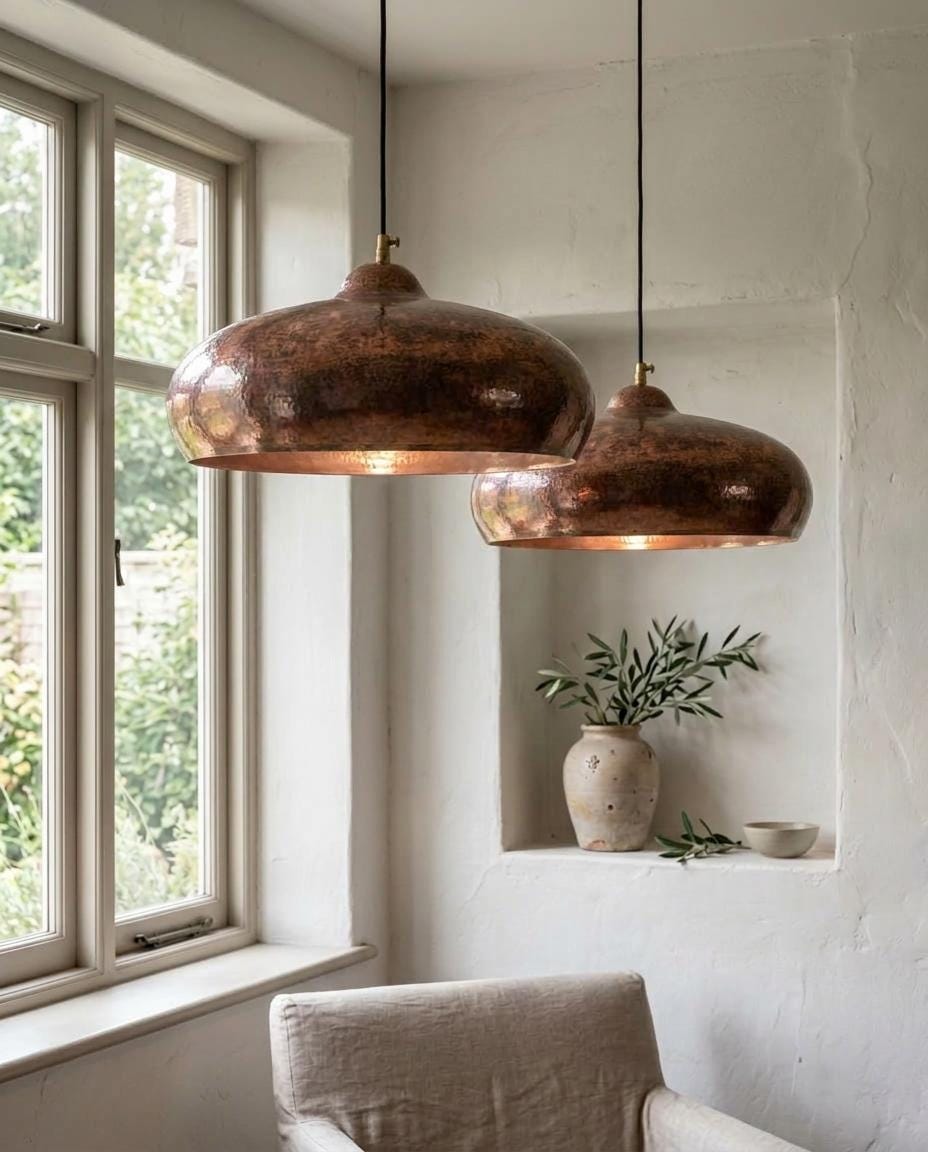 Set of 2 Aged Copper Dome Pendant Light, Two Rounded Copper Lights for Kitchen Island, Handmade Hammered Copper Dome Pendant Light