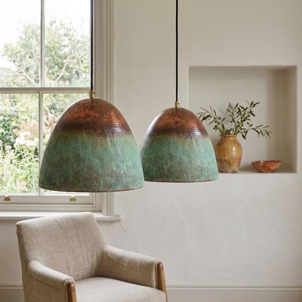 Set of 2 Green Patina Copper Pendant Light for Kitchen Island, Two Handmade Verdigris Small Hanging Lamp