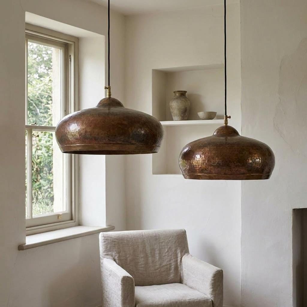Set of 2 Dark Copper Dome Pendant Light, Handmade Rounded Shade for Kitchen Island, Two Rustic Copper Hanging Lamp