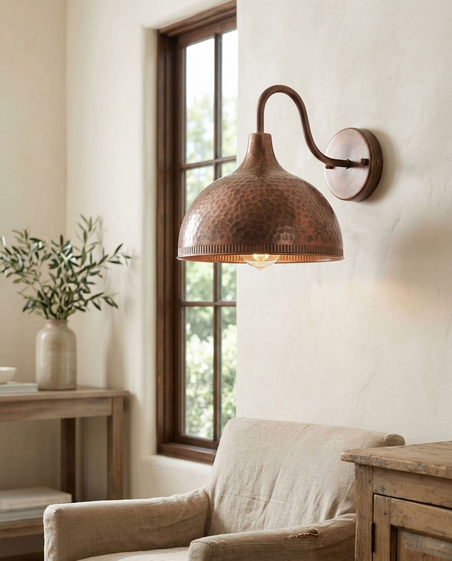 Hammered Copper Dome Wall Sconce with Beaded Rim