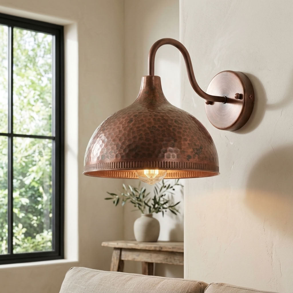 Hammered Copper Dome Wall Sconce with Beaded Rim