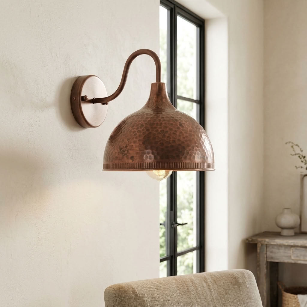 Hammered Copper Dome Wall Sconce with Beaded Rim
