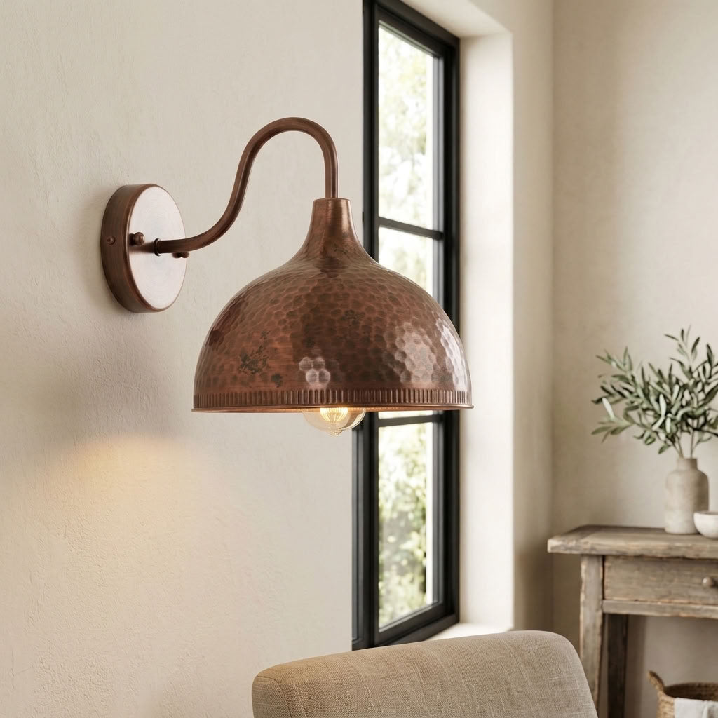 Hammered Copper Dome Wall Sconce with Beaded Rim