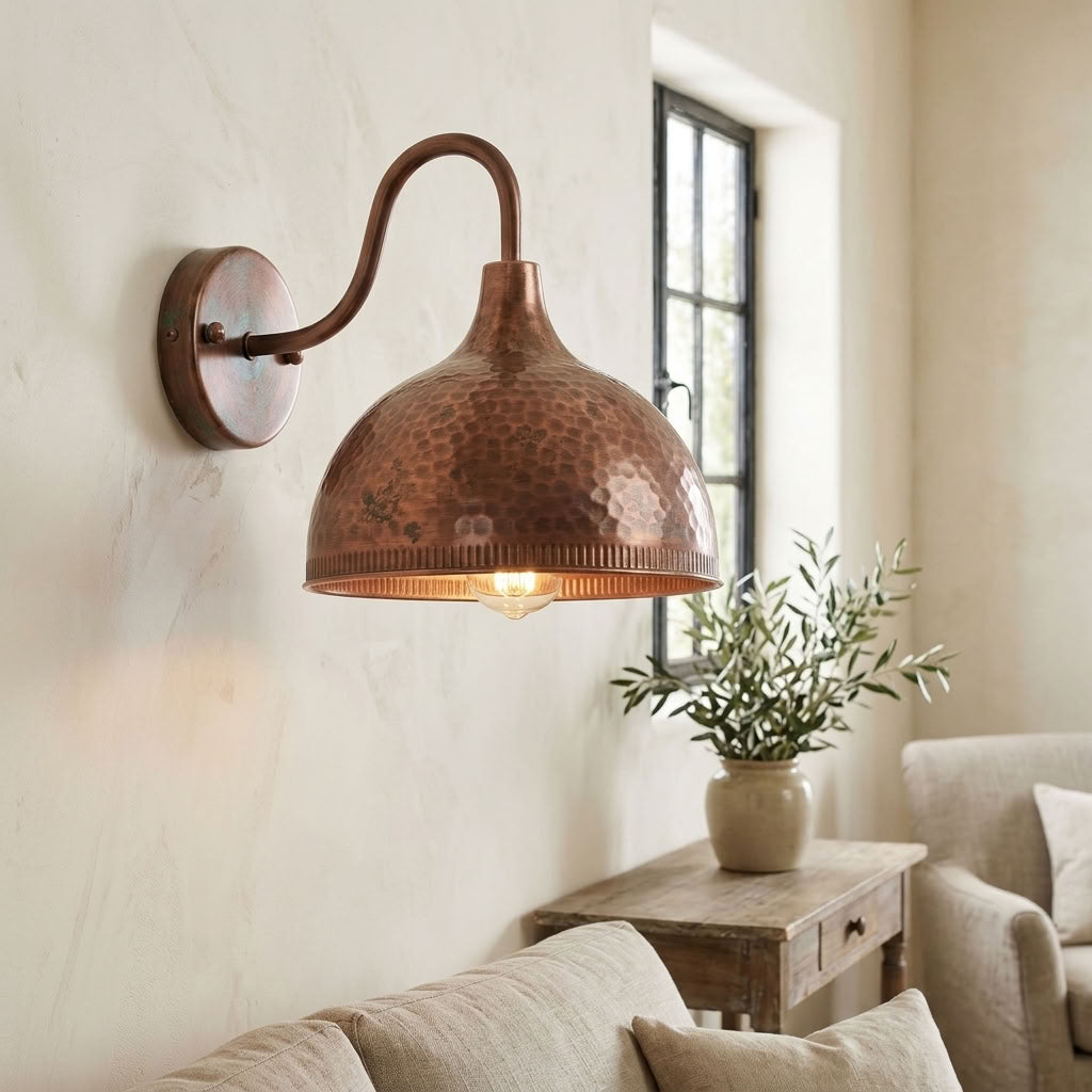 Hammered Copper Dome Wall Sconce with Beaded Rim