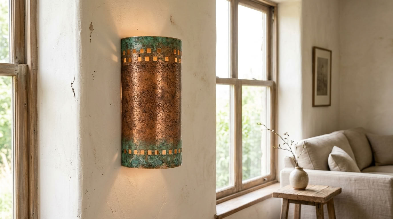 Green Patina Copper Cylinder Wall Sconce with Cutouts