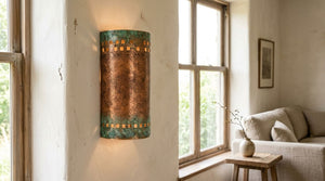 Green Patina Copper Cylinder Wall Sconce with Cutouts
