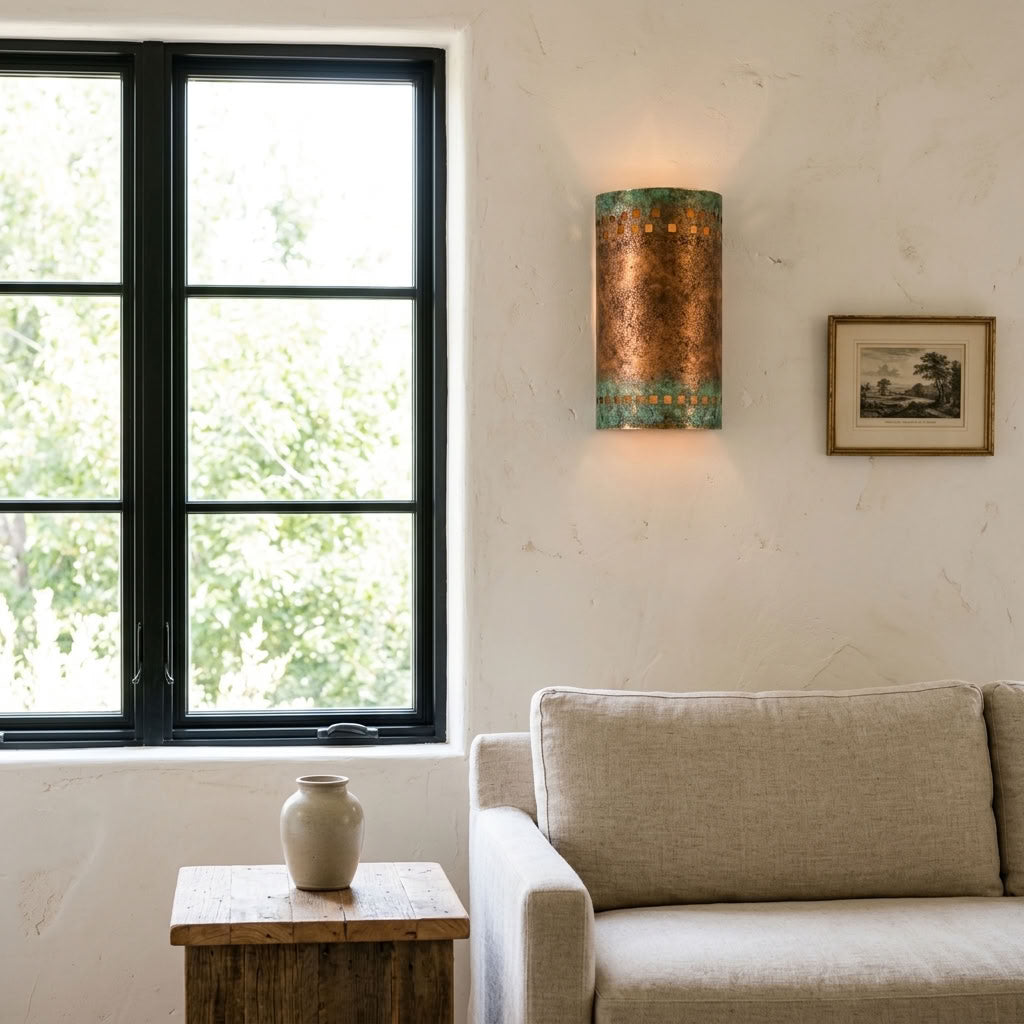 Green Patina Copper Cylinder Wall Sconce with Cutouts