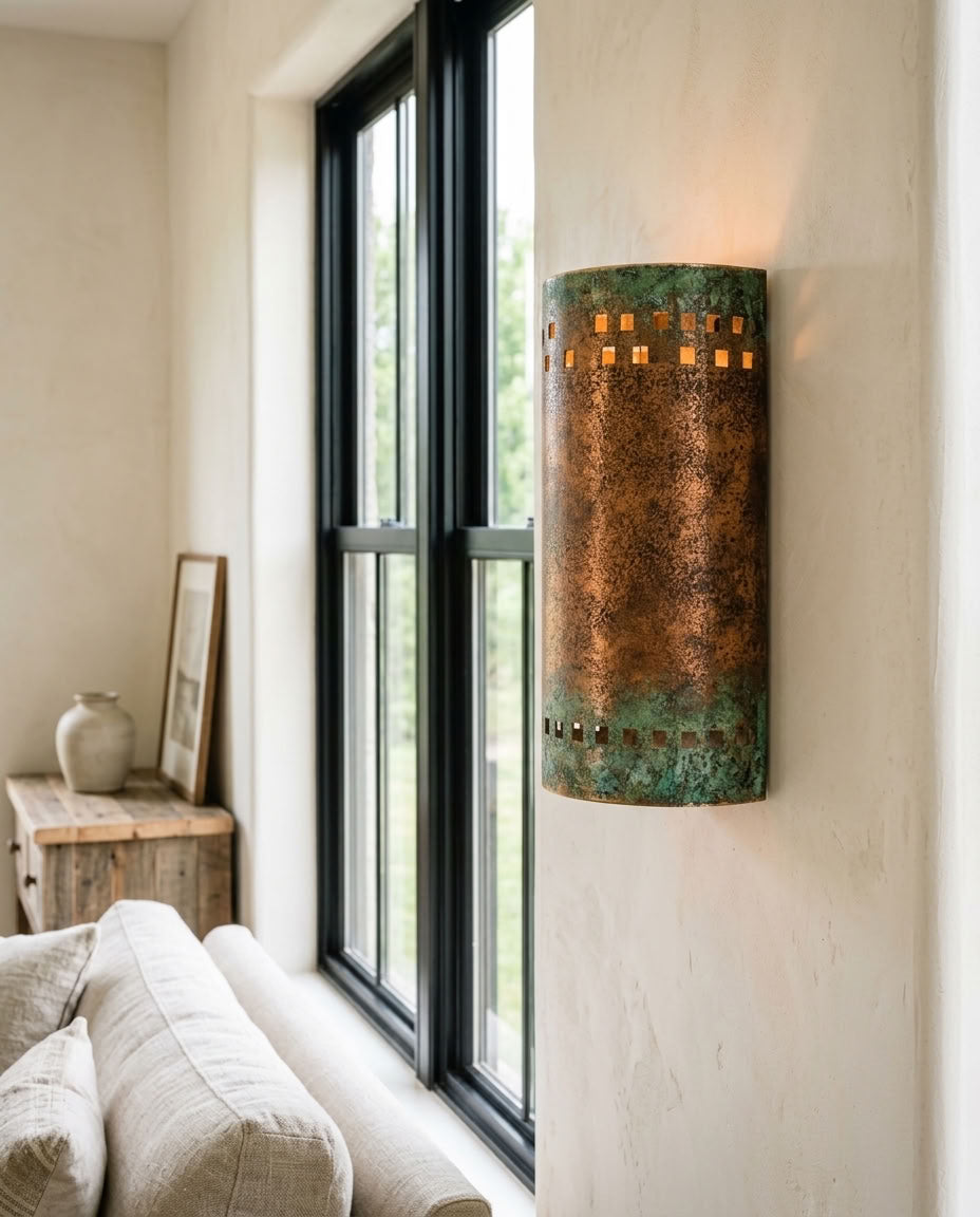 Green Patina Copper Cylinder Wall Sconce with Cutouts