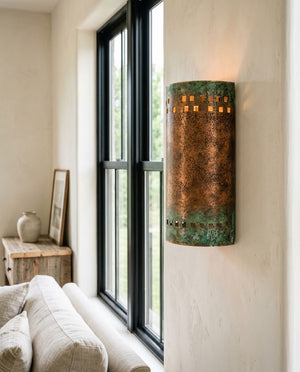 Green Patina Copper Cylinder Wall Sconce with Cutouts