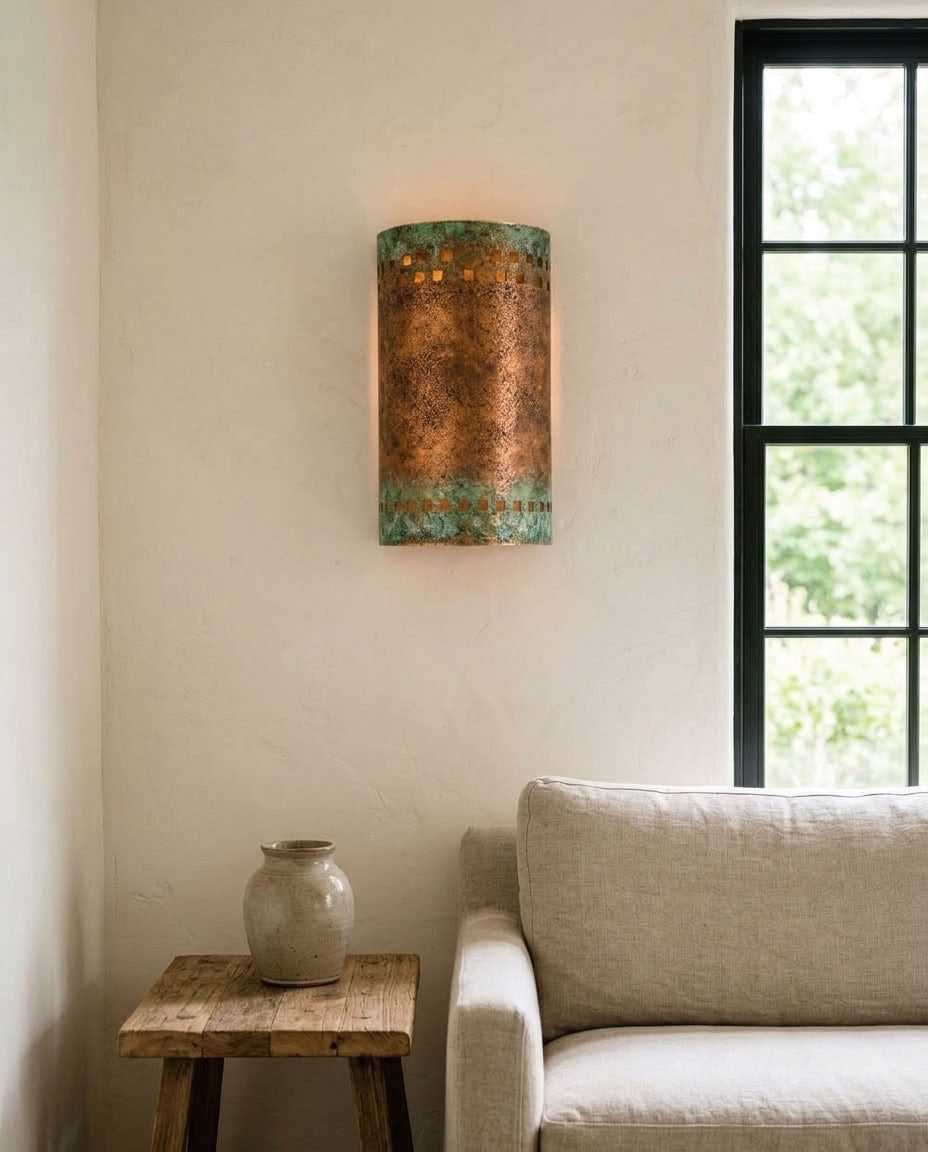 Green Patina Copper Cylinder Wall Sconce with Cutouts