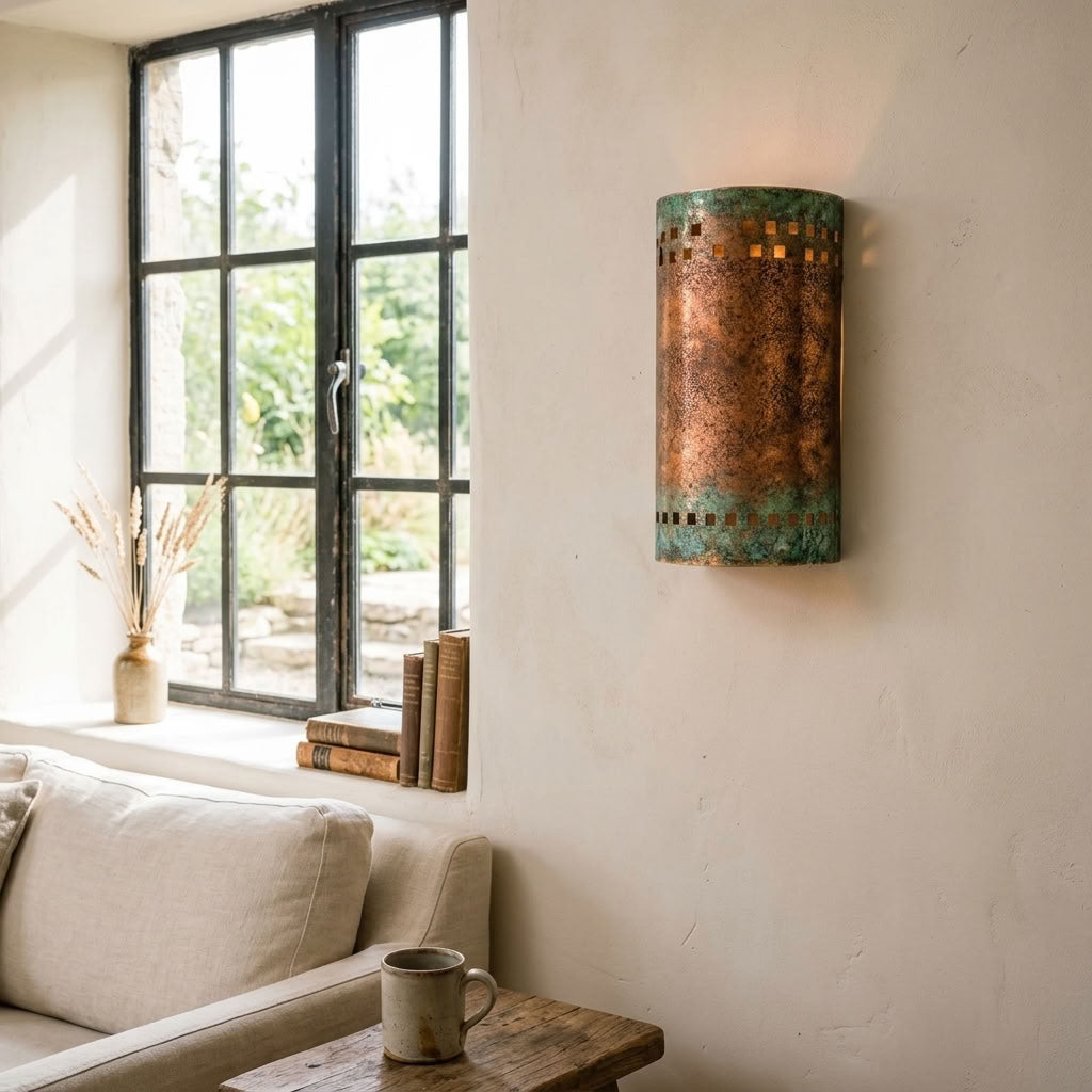 Green Patina Copper Cylinder Wall Sconce with Cutouts