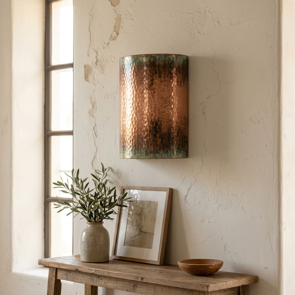 Hammered Copper Cylinder Wall Sconce with Green Patina Trim