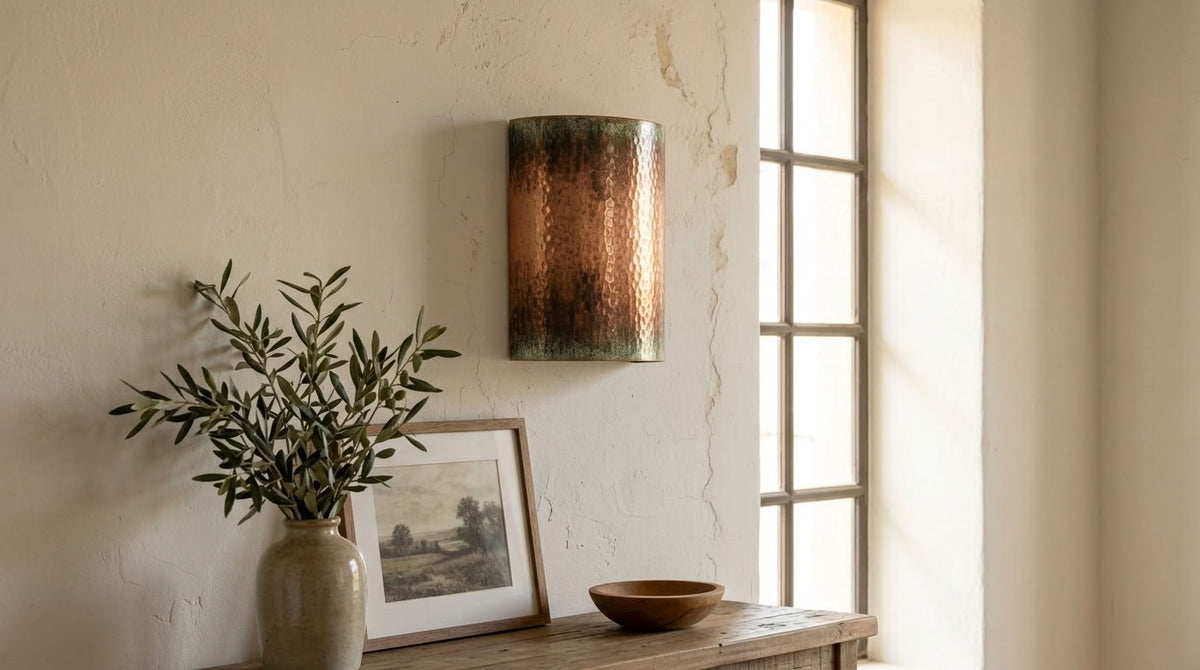 Hammered Copper Cylinder Wall Sconce with Green Patina Trim