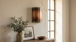 Hammered Copper Cylinder Wall Sconce with Green Patina Trim