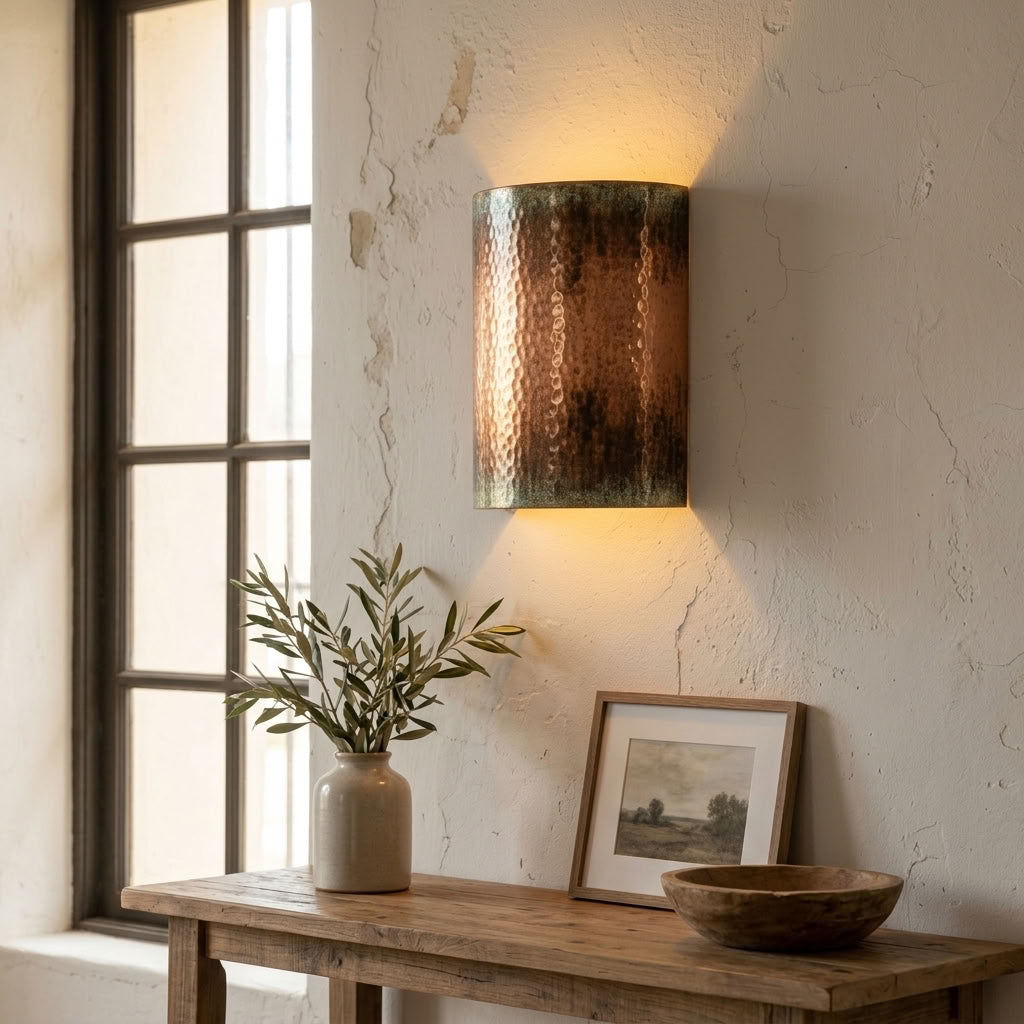 Hammered Copper Cylinder Wall Sconce with Green Patina Trim