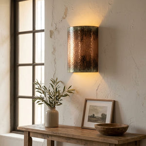 Hammered Copper Cylinder Wall Sconce with Green Patina Trim