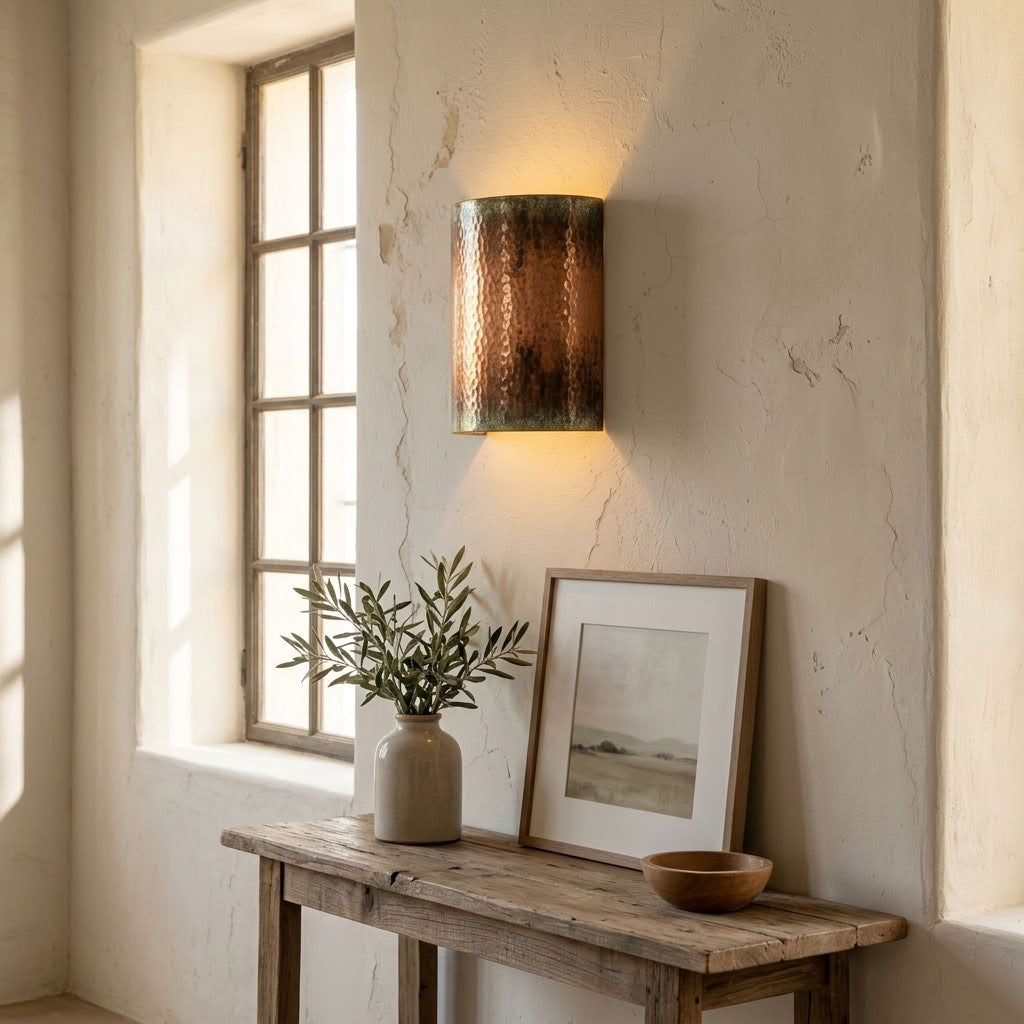 Hammered Copper Cylinder Wall Sconce with Green Patina Trim