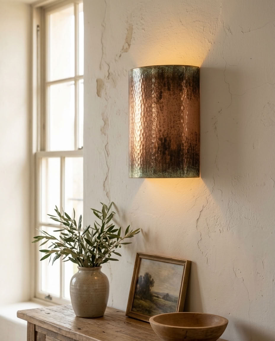 Hammered Copper Cylinder Wall Sconce with Green Patina Trim
