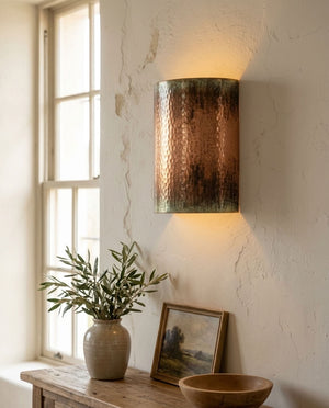 Hammered Copper Cylinder Wall Sconce with Green Patina Trim