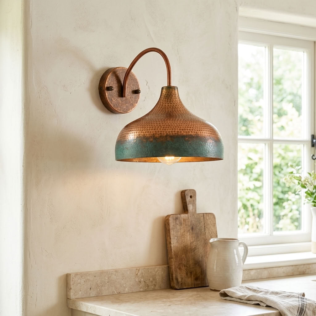 Copper Dome Wall Sconce with Green Patina Band