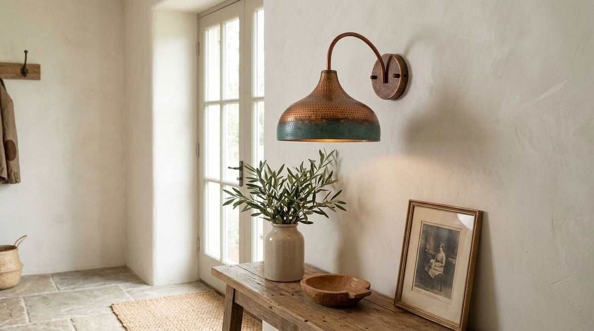 Copper Dome Wall Sconce with Green Patina Band
