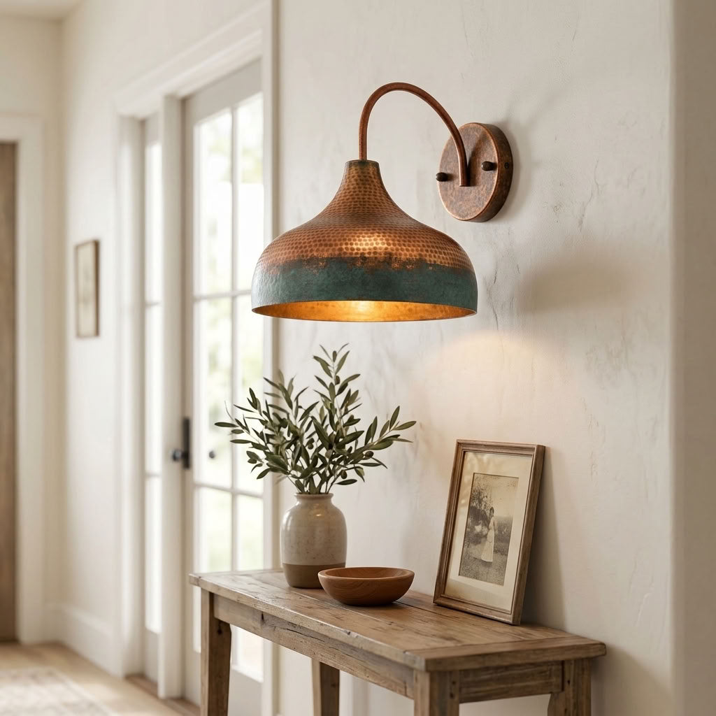 Copper Dome Wall Sconce with Green Patina Band