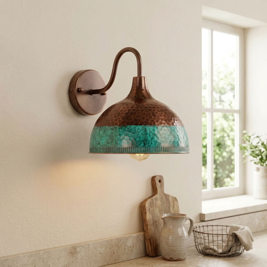 Hammered Copper Dome Wall Sconce with Turquoise Patina Band