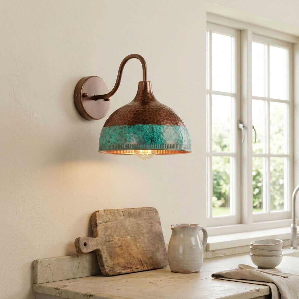 Hammered Copper Dome Wall Sconce with Turquoise Patina Band