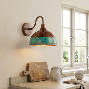 Hammered Copper Dome Wall Sconce with Turquoise Patina Band