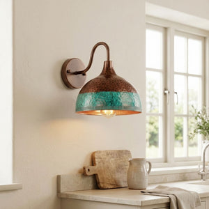 Hammered Copper Dome Wall Sconce with Turquoise Patina Band