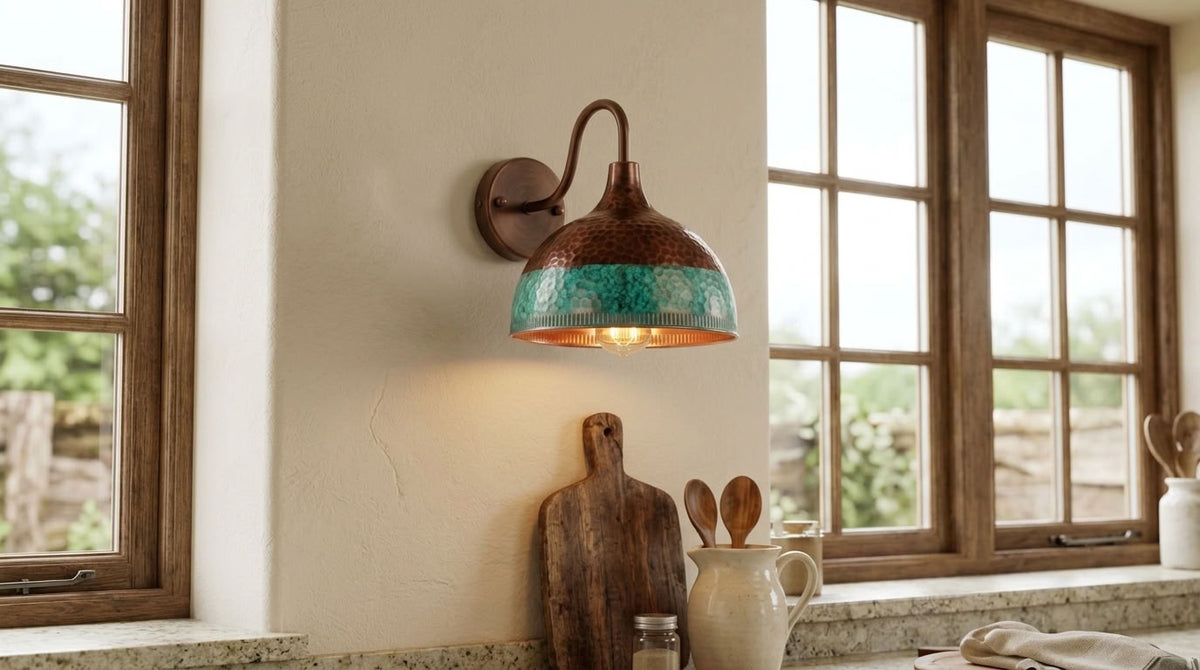 Hammered Copper Dome Wall Sconce with Turquoise Patina Band