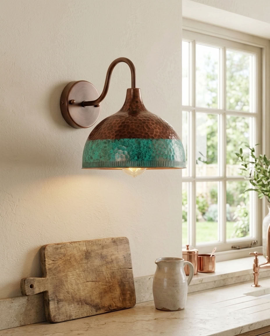 Hammered Copper Dome Wall Sconce with Turquoise Patina Band