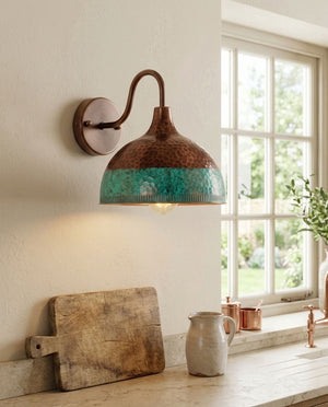 Hammered Copper Dome Wall Sconce with Turquoise Patina Band