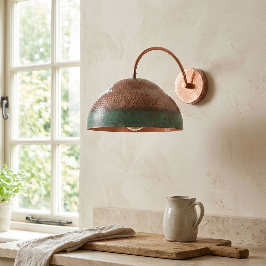 Hammered Copper Dome Wall Sconce with Green Patina Band
