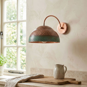 Hammered Copper Dome Wall Sconce with Green Patina Band