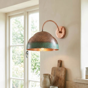 Hammered Copper Dome Wall Sconce with Green Patina Band