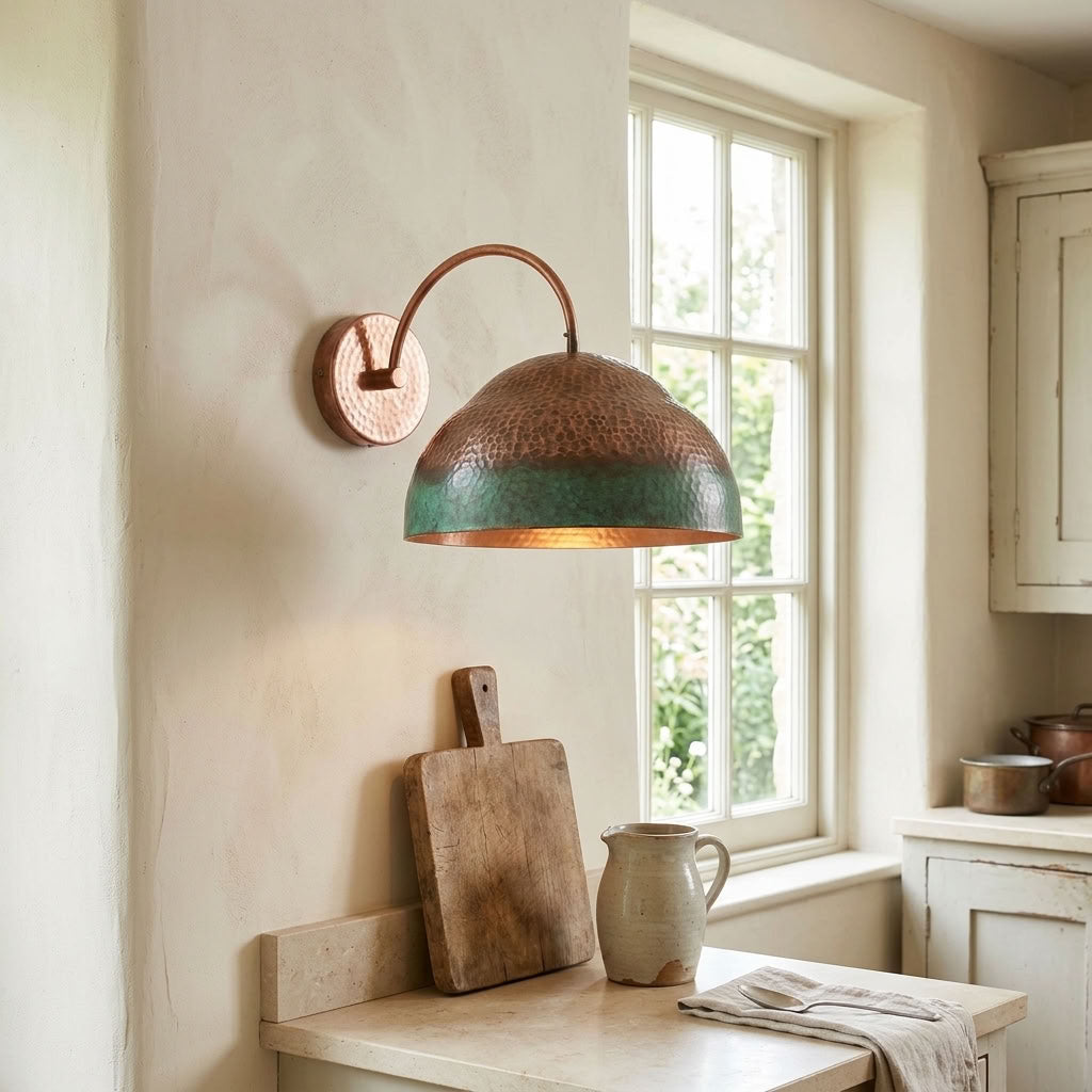 Hammered Copper Dome Wall Sconce with Green Patina Band